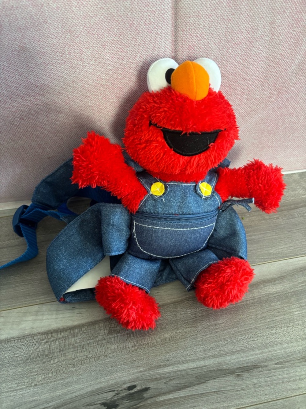 Red Elmo Plush Kids Backpack - Denim Overalls